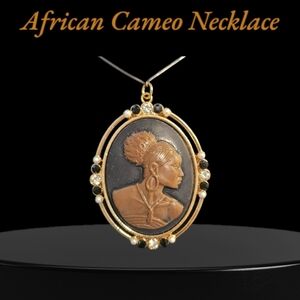 African Cameo Necklace with Gold and Brown Accents